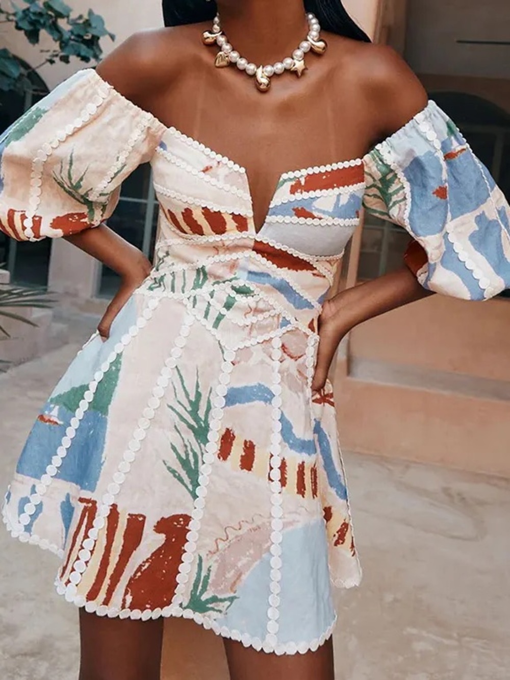 Off-Shoulder Multicolor Printed Mini Dress